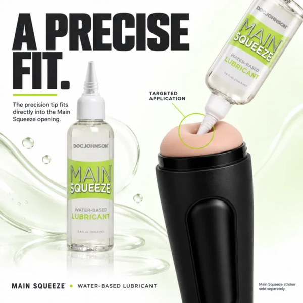 Demonstration graphic titled "A Precise Fit" showing how the lubricant bottle's precision tip inserts directly into the opening of a Main Squeeze stroker toy.