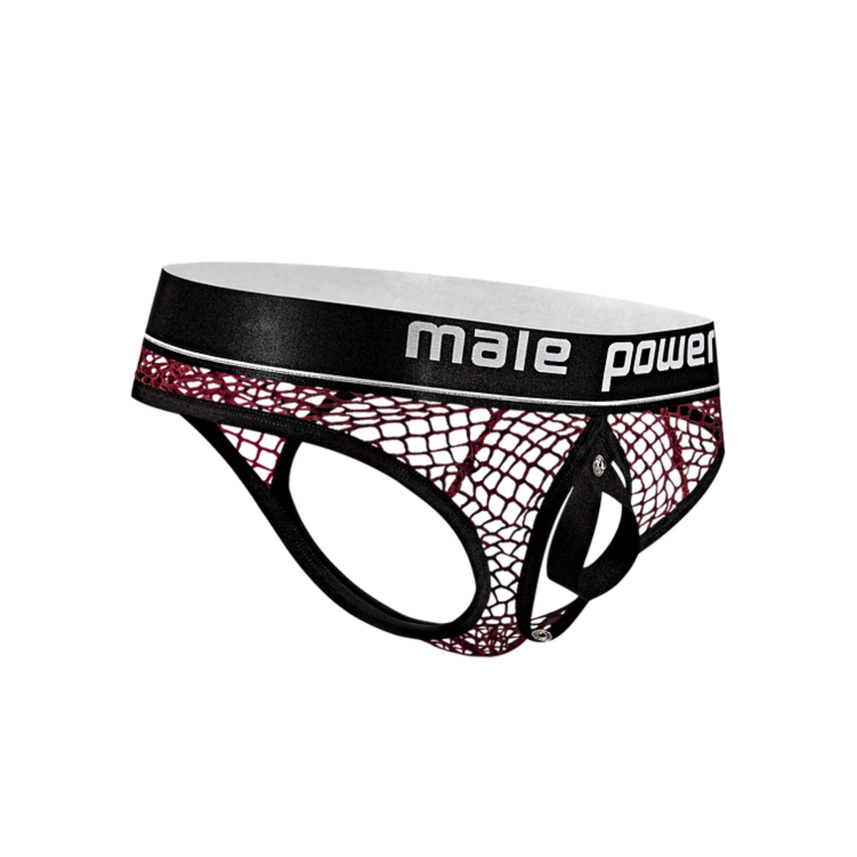 Isolated product view of the burgundy fishnet thong with its front pouch detached, highlighting the "Male Power" branded elastic waistband and exposed interior C-ring loop. Main image