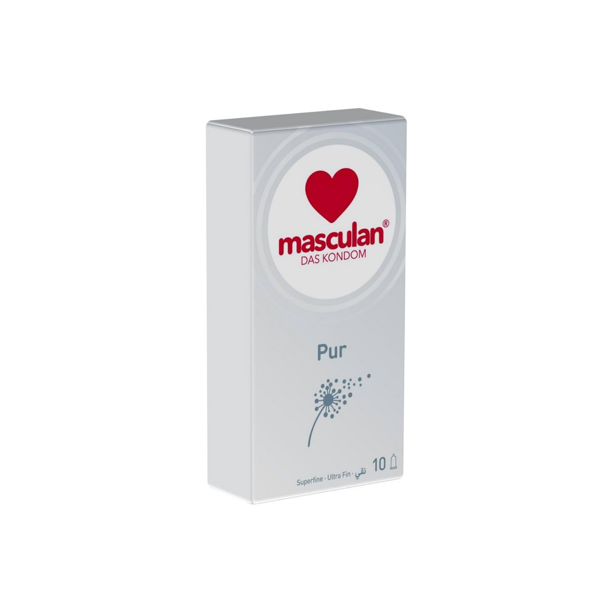 A white rectangular box of masculan® Pur condoms is shown against a plain white background. The top portion of the box features the brand name "masculan®" in red, stacked above the German text "DAS KONDOM" in smaller red letters, all enclosed within a red heart symbol. Main image