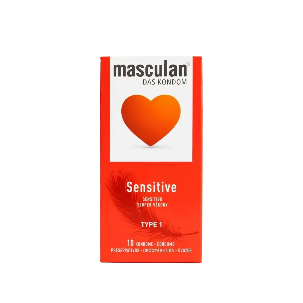 A red and white box of masculan® Sensitive condoms is shown. It features the brand name above an orange heart on a white square. Below, "Sensitive," "TYPE 1," and "10 KONDOME - CONDOMS" are printed above a feather illustration. Main image