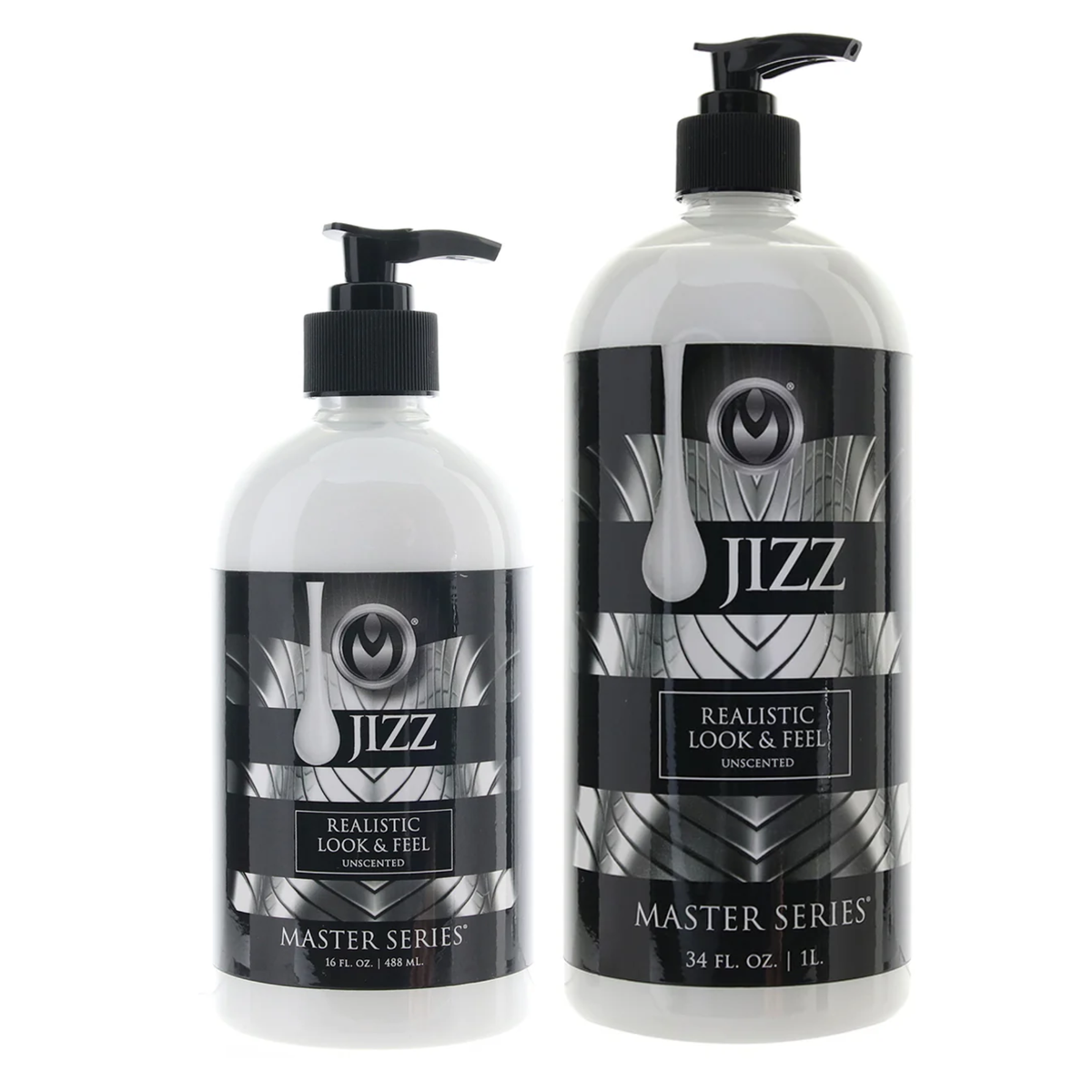 Two white bottles of Master Series Jizz body glide, 16 fl. oz. and 34 fl. oz., standing next to each other. Main image