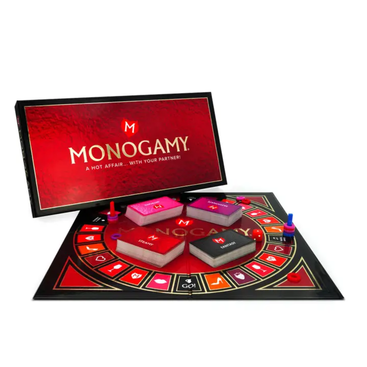 An image of the Monogamy: A Hot Affair... With Your Partner! board game. The red box lid is behind the black and red board, which is unfolded and laid out.  Main image