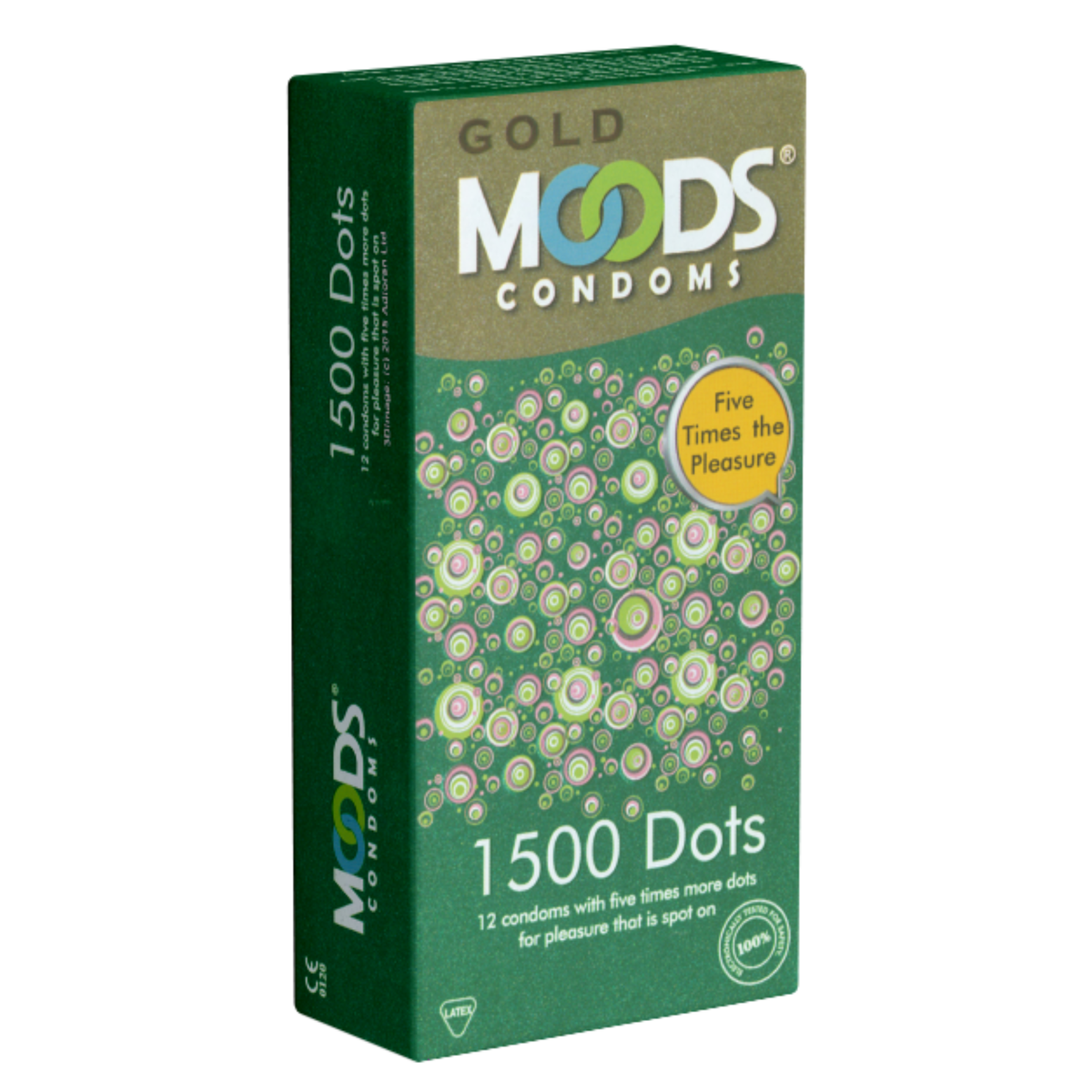 Studio product shot of the Moods Gold 1500 Dots Condoms 12-pack box standing upright at a three-quarter angle against a white background, featuring a green design covered in colorful concentric circle dot patterns and a yellow speech bubble reading "Five Times the Pleasure." Main image