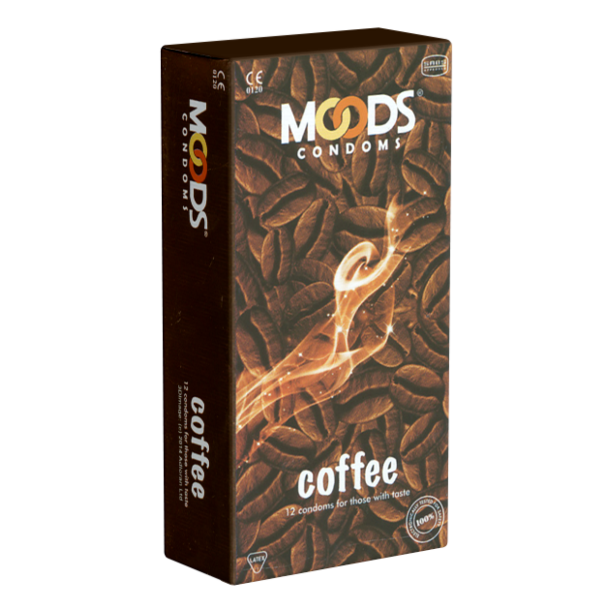 Studio product shot of the Moods Coffee Condoms 12-pack box standing upright at a three-quarter angle against a white background, featuring a background pattern of roasted coffee beans and stylized warm steam graphics. Main image