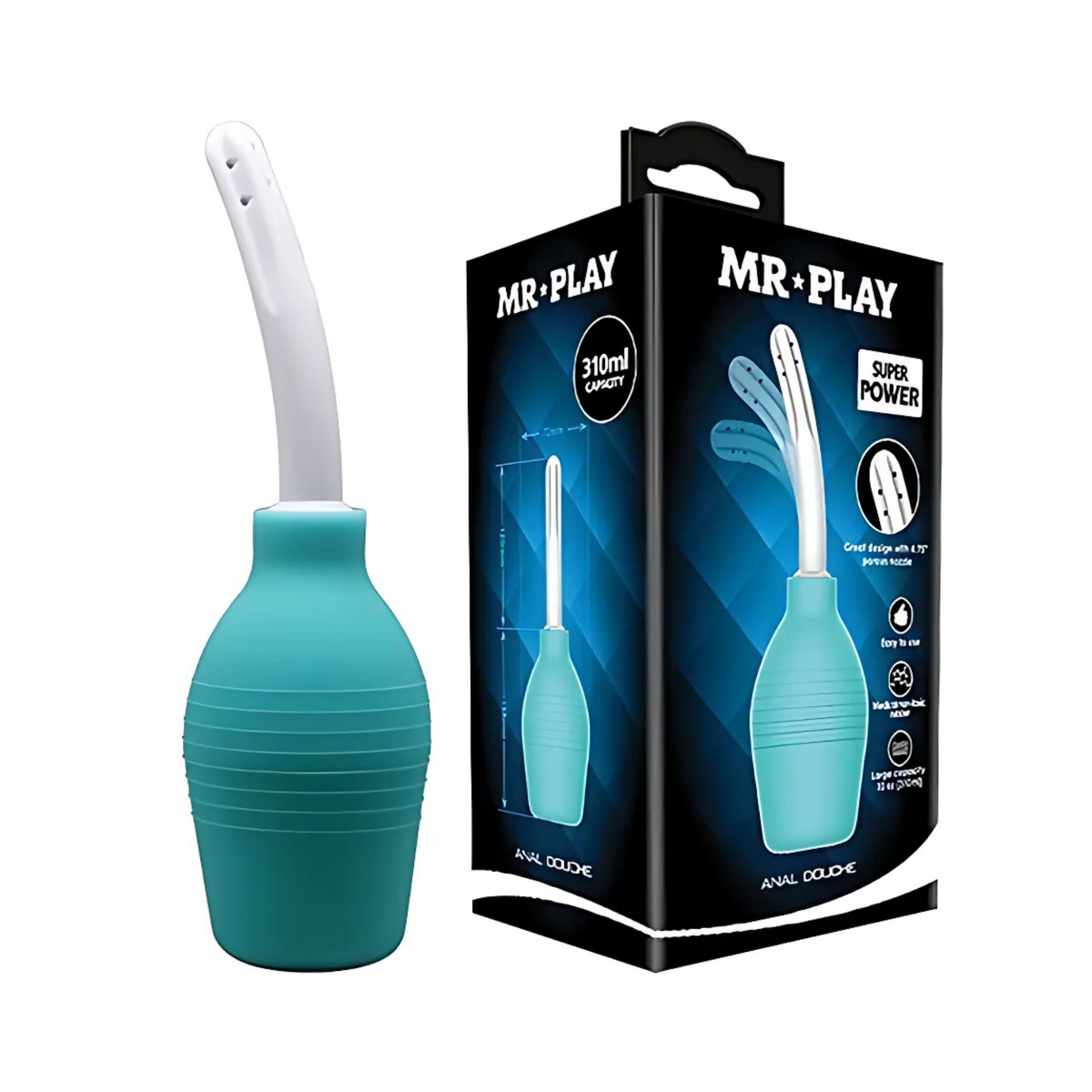 Mr. Play Anal Douche 10.5 fl.oz shown with retail box featuring 310 ml capacity and soft curved nozzle design Main image