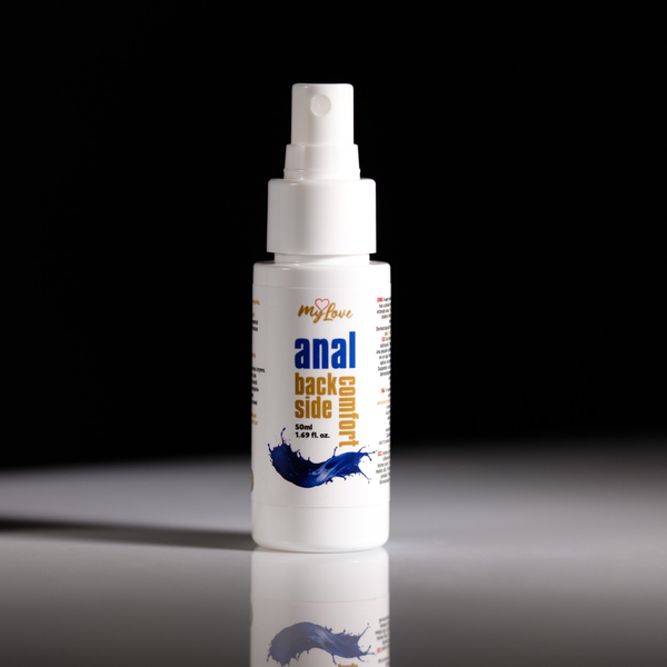 Front view of the 50 ml travel-size MyLove Anal Back Side Comfort spray bottle standing on a glossy surface against a plain black background.