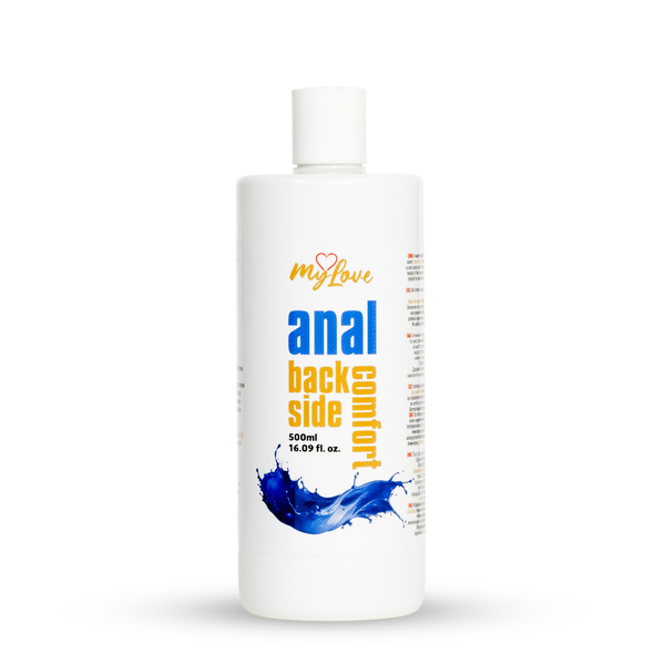 Front view of the 500 ml bottle of MyLove Anal Back Side Comfort gel standing centered against a plain white backdrop.
