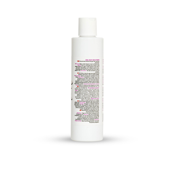 Side view of the 250 ml MyLove Anal Back Side Extreme bottle showing multilingual usage instructions and safety warnings printed in red and black text.