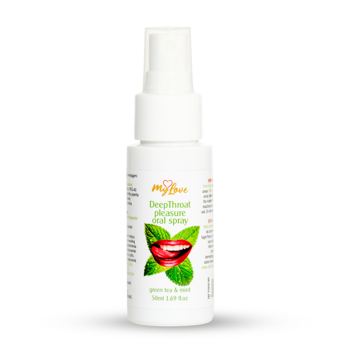 Front view of the 50 ml MyLove Deep Throat Pleasure Oral Spray in Green Tea & Mint flavor standing centered against a white backdrop. The label features fresh mint leaves surrounding a graphic of red lips licking with a tongue.