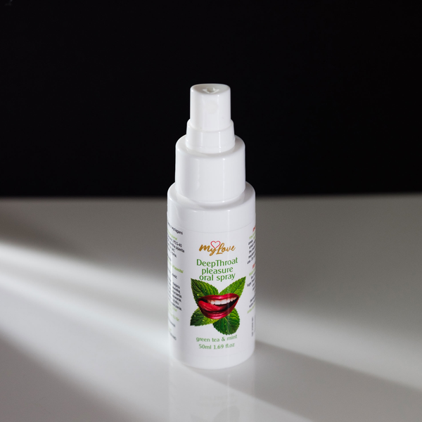 Front-angle view of the 50 ml MyLove Deep Throat Pleasure Oral Spray bottle standing on a white reflective surface against a solid black backdrop with soft side lighting.