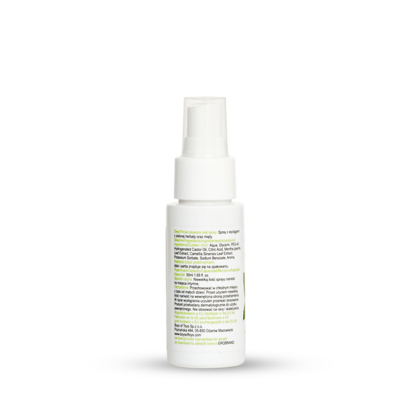 Rear view of the 50 ml MyLove Deep Throat Pleasure Oral Spray bottle. The white label displays detailed ingredients, volume specifications, and manufacturer information.