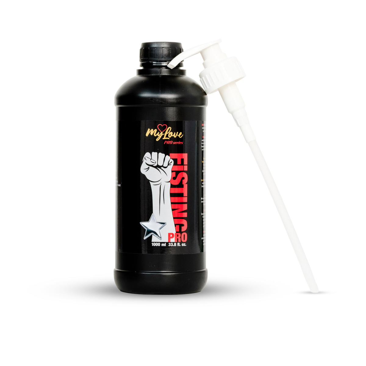 Studio product shot of the 1000 ml MyLove Fisting Pro Gel black bottle standing next to a separate white pump dispenser nozzle. The front label features a graphic of a raised fist with a star and red vertical text reading "FISTING PRO." Main image