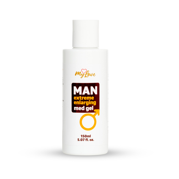 Front view of the 150 ml MyLove Man Extreme Enlarging Med Gel bottle standing centered against a plain white backdrop. The bottle features a dark red box design on the label with an orange male gender symbol.