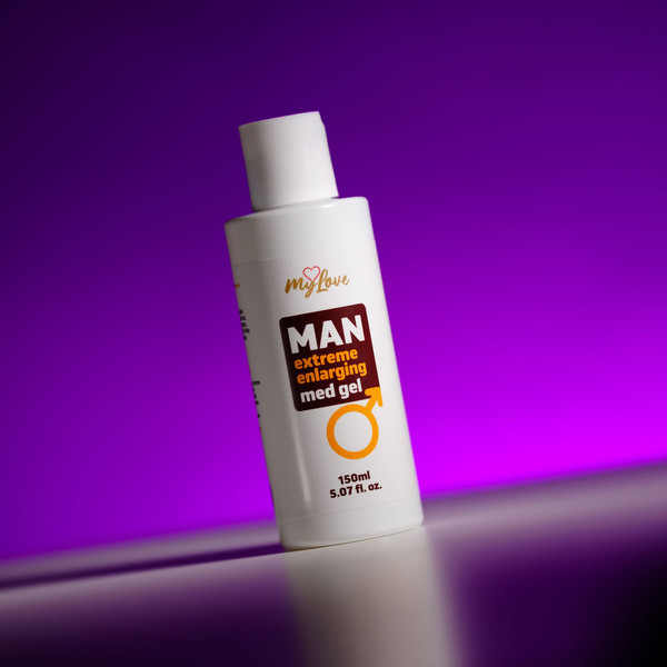 Front view of the 150 ml MyLove Man Extreme Enlarging Med Gel bottle, angled slightly on a white surface against a vibrant purple backlit background.