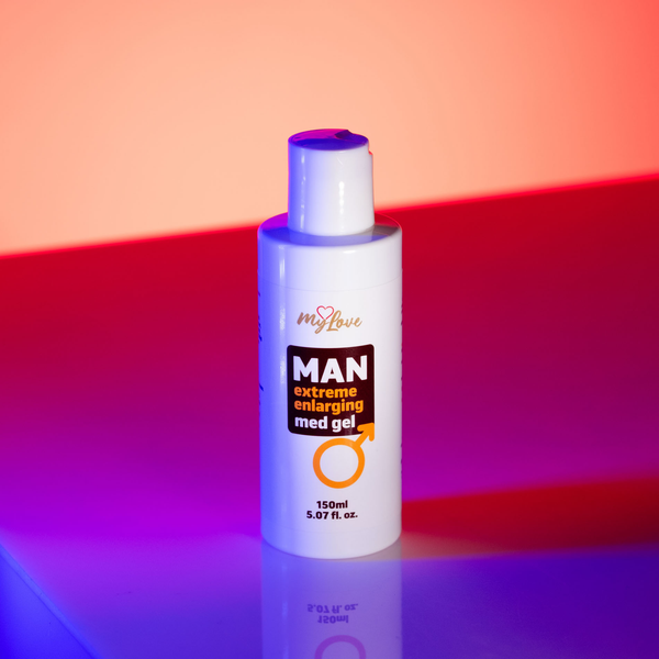 Front view of the 150 ml MyLove Man Extreme Enlarging Med Gel bottle illuminated under dynamic pink and blue studio lighting.