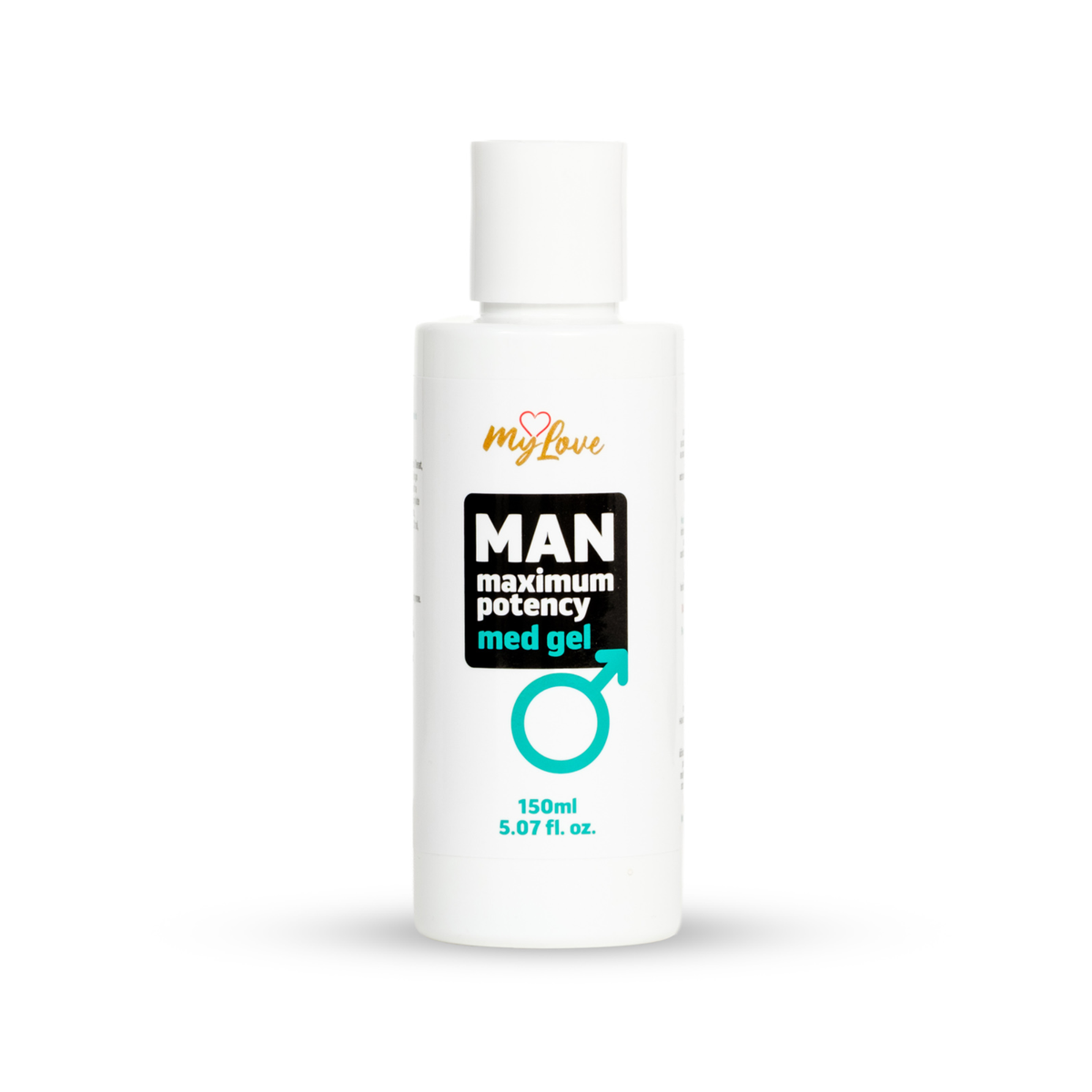 Front view of the 150 ml MyLove Man Maximum Potency Med Gel bottle standing centered against a plain white backdrop. The label features a black box layout and a teal male gender symbol.