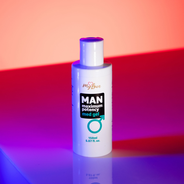 Front view of the 150 ml MyLove Man Maximum Potency Med Gel bottle illuminated under dynamic pink and blue studio lighting.