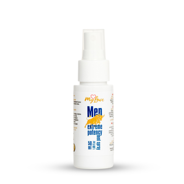 A white plastic spray bottle of MyLove Men Extreme Potency 50 ml, featuring a white pump dispenser and a label with blue and yellow text, set against a plain white background.