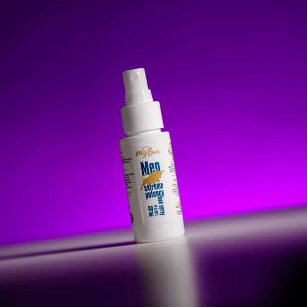 A white spray bottle of msBlue Men Extreme Potency Serum, standing on a reflective surface against a vibrant purple gradient background.