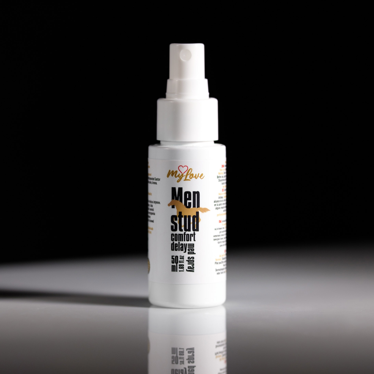 Front view of the 50 ml MyLove Men Stud Comfort Delay Med Spray bottle standing centered on a white surface against a solid black background.