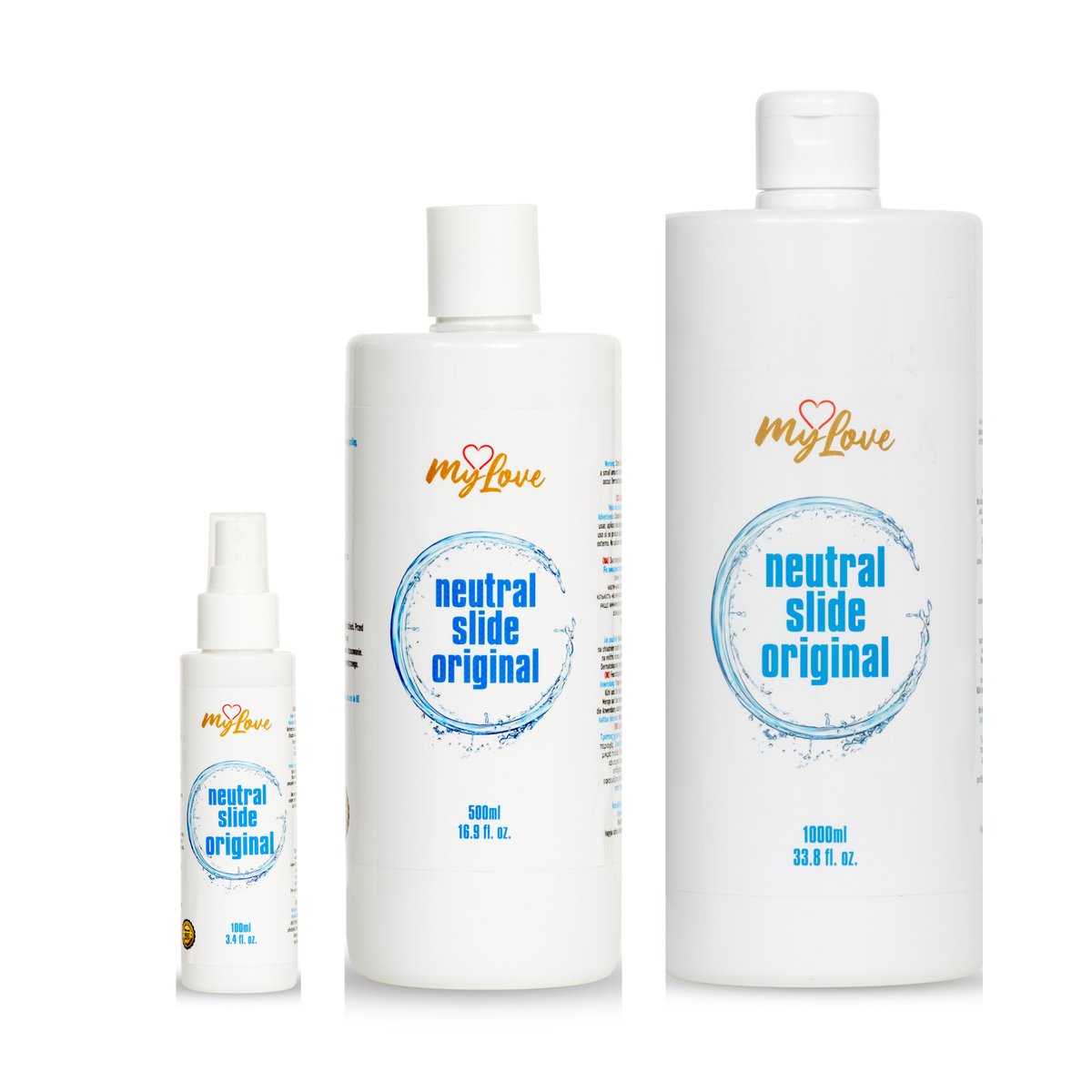 Three white bottles of MyLove Neutral Slide Original lubricant stand side-by-side in increasing size order from left to right: 100 ml spray, 500 ml, and 1000 ml. Each features a circular blue water splash design on the label.