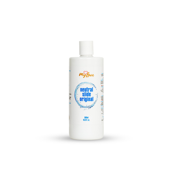 Front view of the 500 ml bottle of MyLove Neutral Slide Original lubricant standing centered against a plain white backdrop.