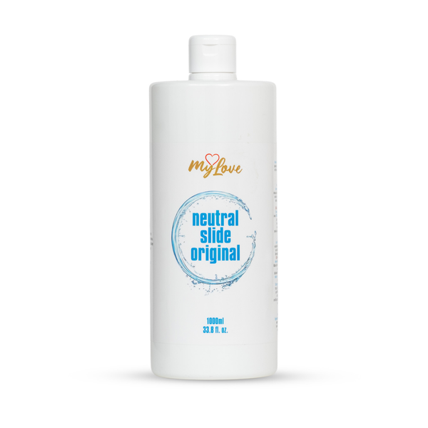Front view of the large 1000 ml bottle of MyLove Neutral Slide Original lubricant standing centered against a plain white backdrop.
