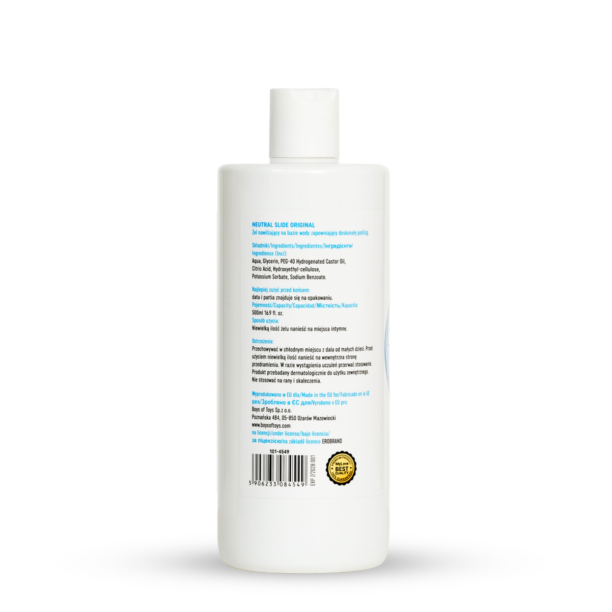 Rear view of the 500 ml MyLove Neutral Slide Original bottle displaying detailed product text, ingredients, manufacturer details, and a barcode with a quality seal at the bottom.