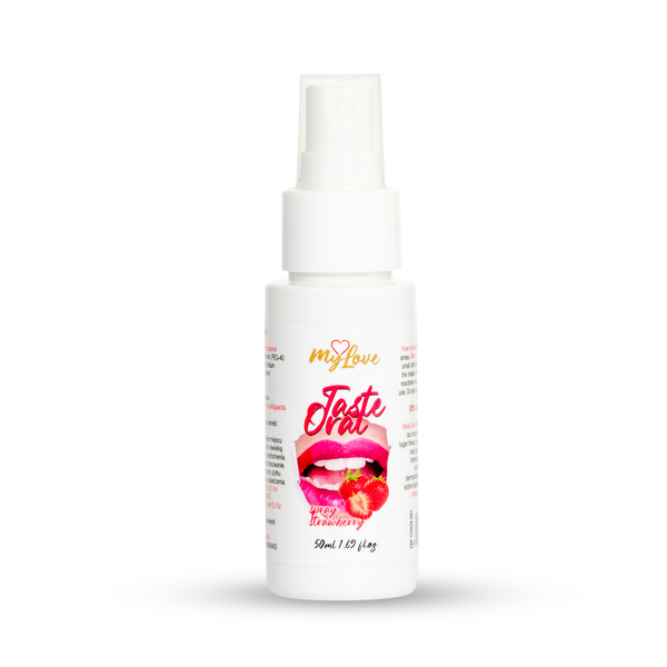 Front view of the 50 ml MyLove Taste Oral Spray in Strawberry flavor standing centered against a white backdrop. The label features a graphic of open red lips with strawberries below.