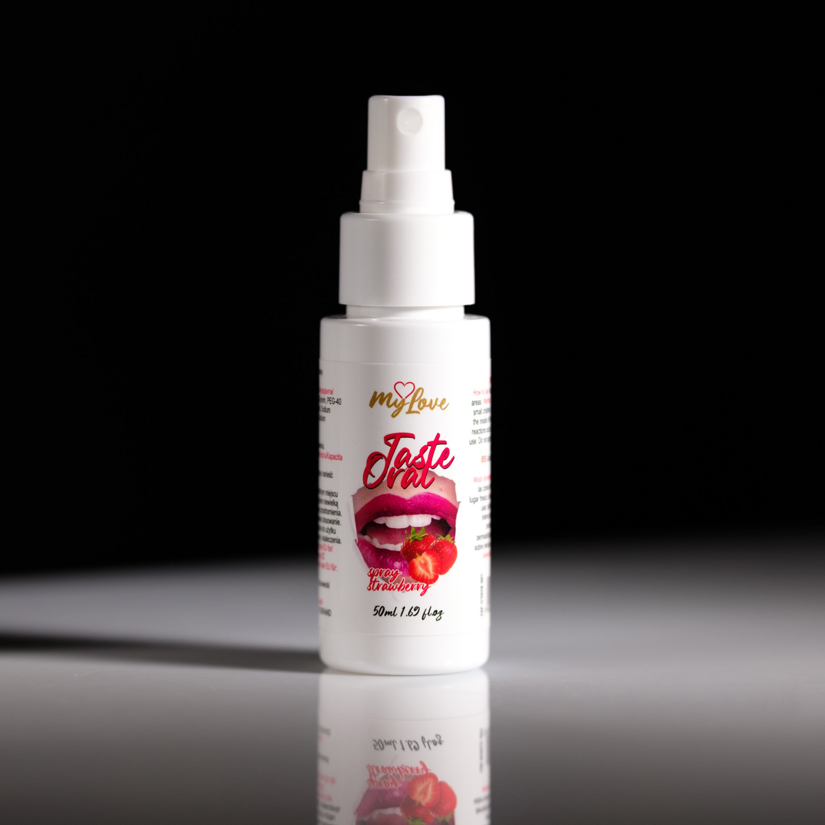 Front view of the 50 ml MyLove Taste Oral Spray bottle standing centered on a white surface against a solid black background.