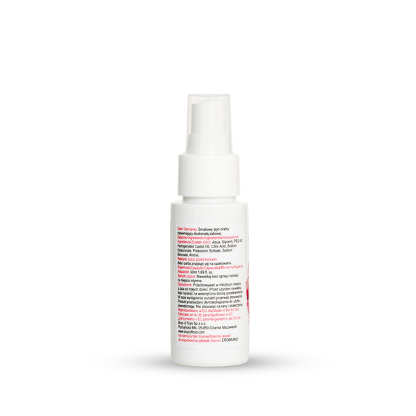 Rear view of the 50 ml MyLove Taste Oral Spray in Strawberry flavor displaying product ingredients, capacity details, and manufacturer information.