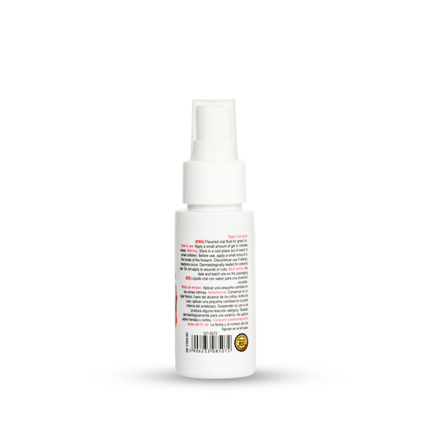 Rear-side view of the 50 ml MyLove Taste Oral Spray in Strawberry flavor showing multilingual usage instructions and safety warnings, along with a barcode and quality seal at the bottom.