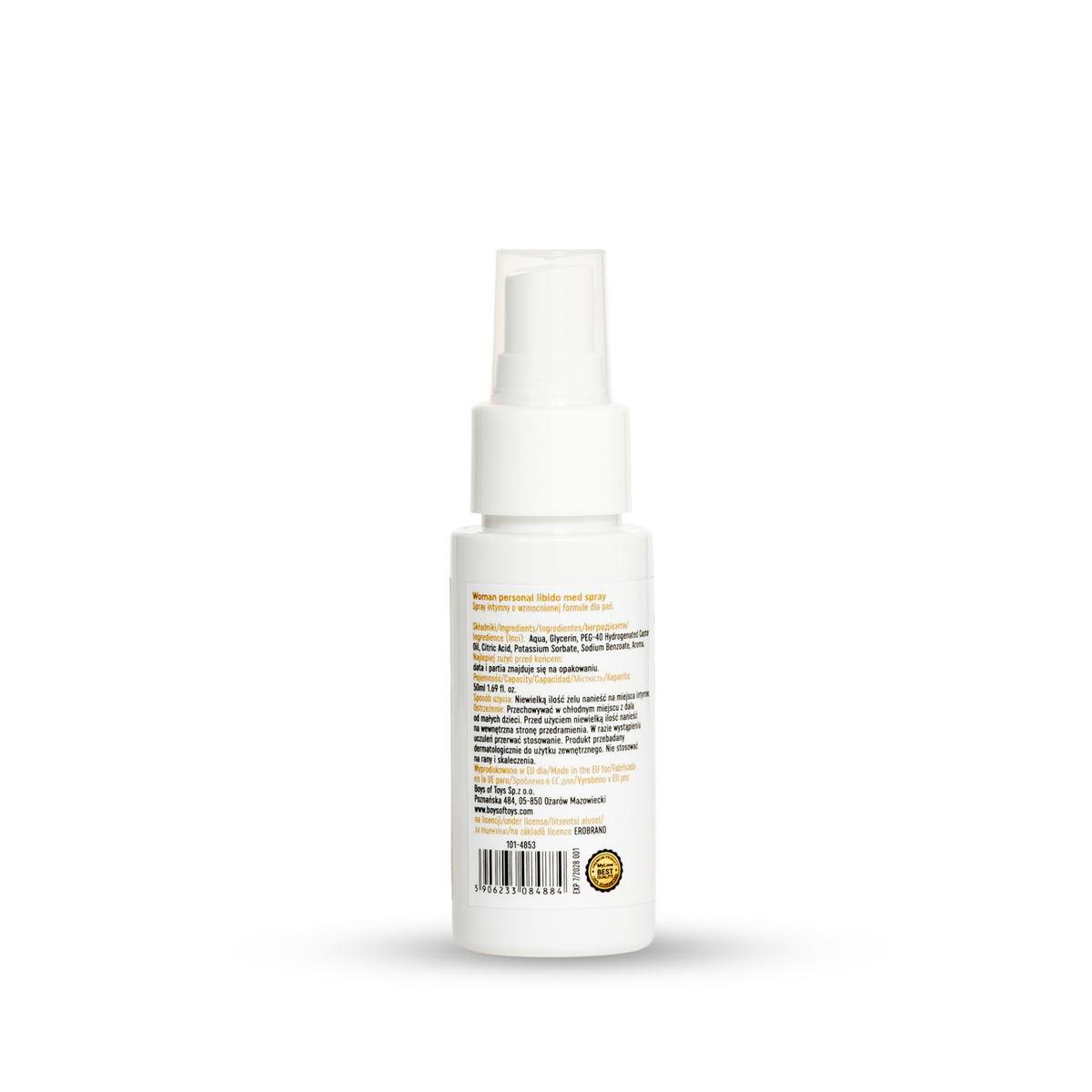 Rear view of the 50 ml MyLove Woman Personal Libido Med Spray bottle. The white label displays product ingredients, capacity specifications, manufacturer details, and a barcode with a quality seal at the bottom.