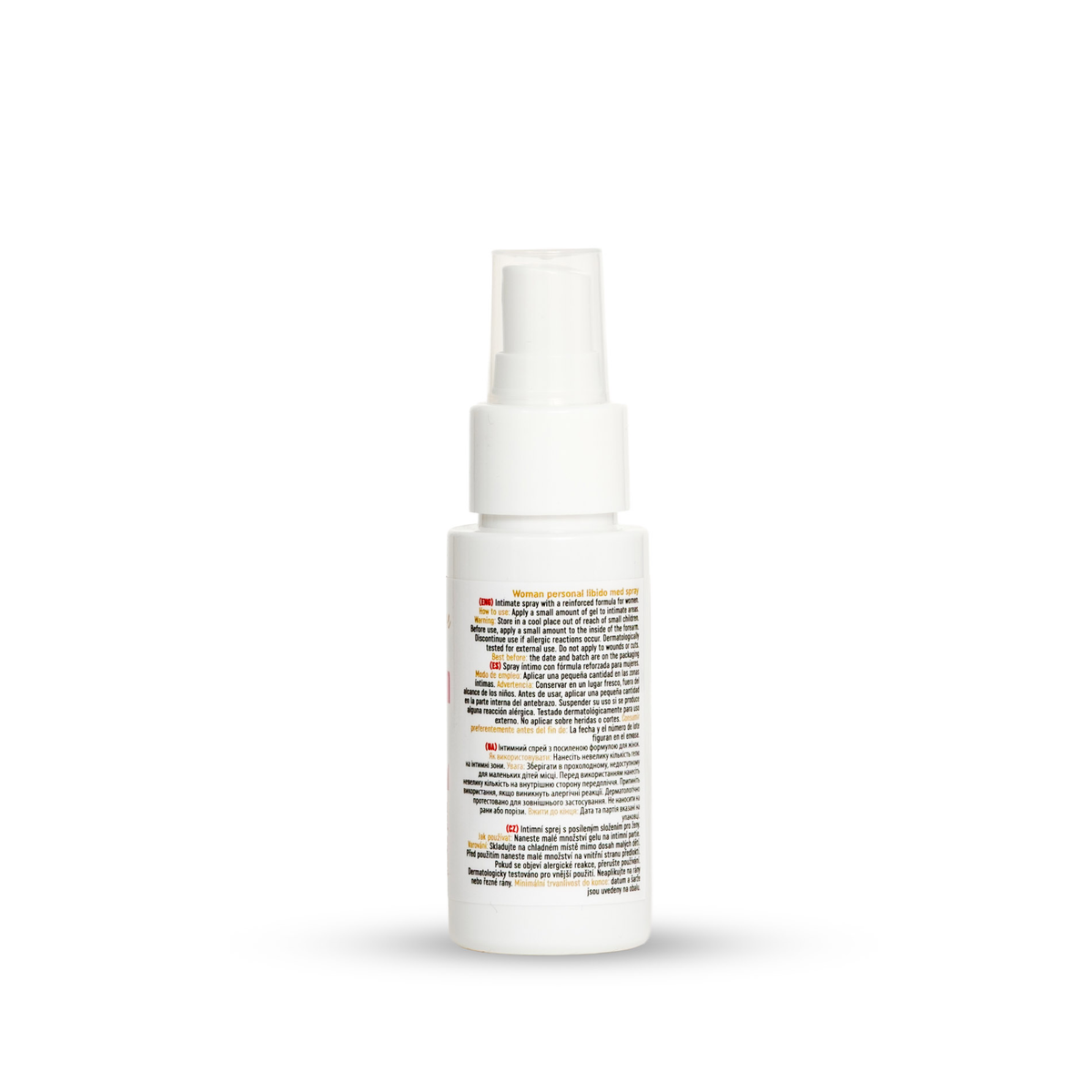 Rear-side view of the 50 ml MyLove Woman Personal Libido Med Spray bottle showing multilingual usage directions and safety warnings printed on the white label.