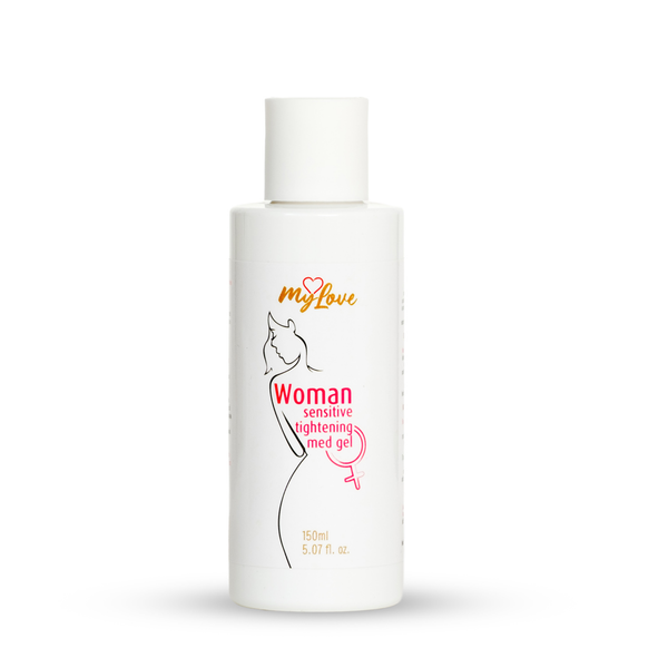 Front view of the 150 ml MyLove Woman Sensitive Tightening Med Gel bottle standing centered against a plain white backdrop. The bottle features a minimalist line drawing of a female silhouette and pink typography.