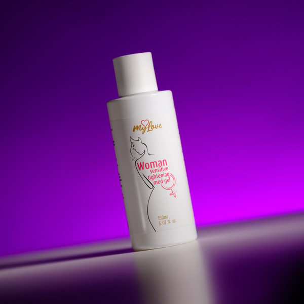 Front view of the 150 ml MyLove Woman Sensitive Tightening Med Gel bottle, angled slightly on a white surface against a vibrant purple backlit background.