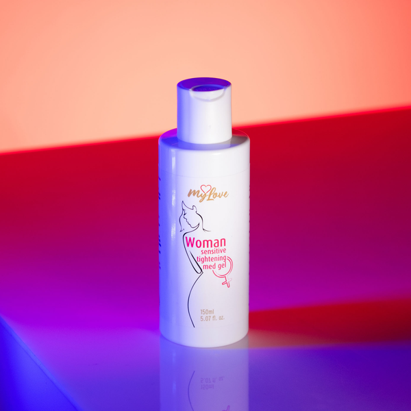 Front view of the 150 ml MyLove Woman Sensitive Tightening Med Gel bottle illuminated under dynamic pink and blue studio lighting.