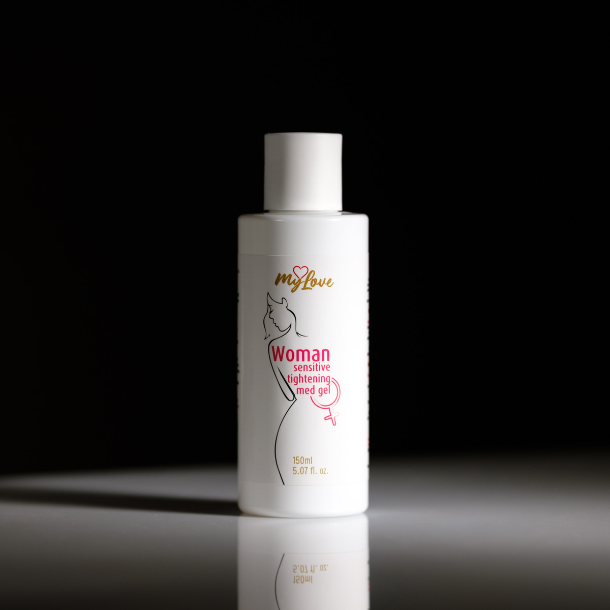 Front view of the 150 ml MyLove Woman Sensitive Tightening Med Gel bottle standing centered on a white surface against a solid black background.