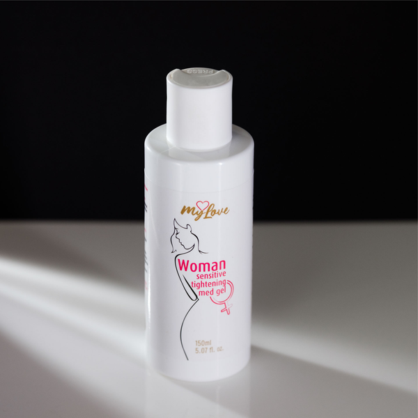 Front-angle view of the 150 ml MyLove Woman Sensitive Tightening Med Gel bottle standing on a white reflective surface against a solid black backdrop with soft side lighting.