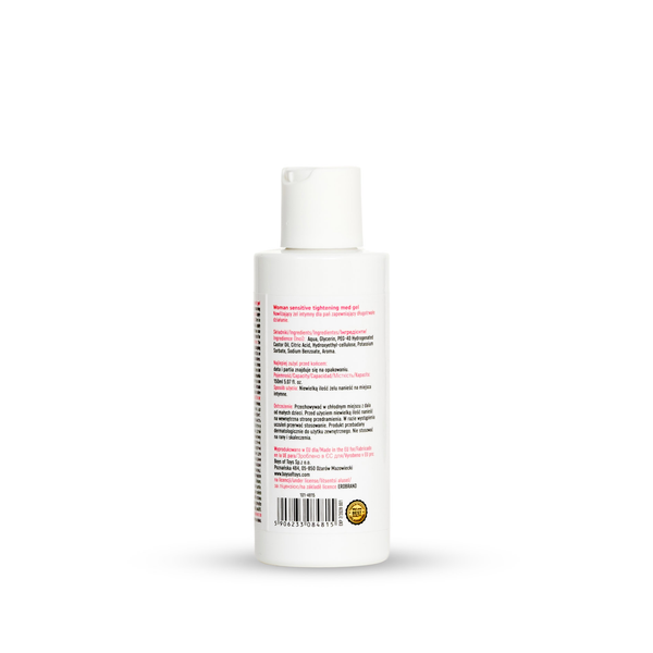 Rear view of the 150 ml MyLove Woman Sensitive Tightening Med Gel bottle. The white label displays detailed ingredients, usage instructions, manufacturer details, and a barcode with a quality seal at the bottom.