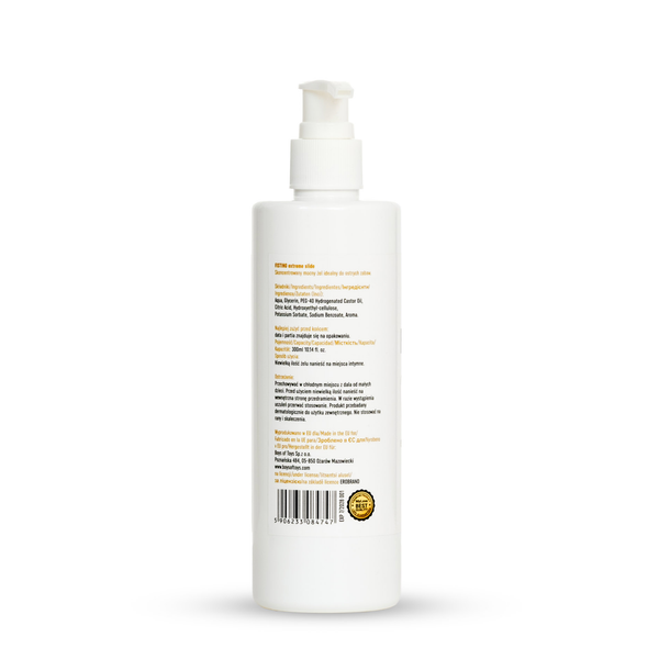 Rear view of the 300 ml MyLove Fisting Extreme Slide bottle with pump top, showing product details and a barcode with a quality seal at the bottom.