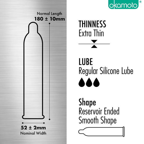 A technical diagram on a metallic background showing the dimensions and features of an Okamoto 003 Platinum condom. It indicates a normal length of 180mm (±10mm) and a nominal width of 52mm (±2mm). The text highlights Extra Thin thickness, Regular Silicone Lube (represented by three droplets), and a Reservoir Ended Smooth Shape.