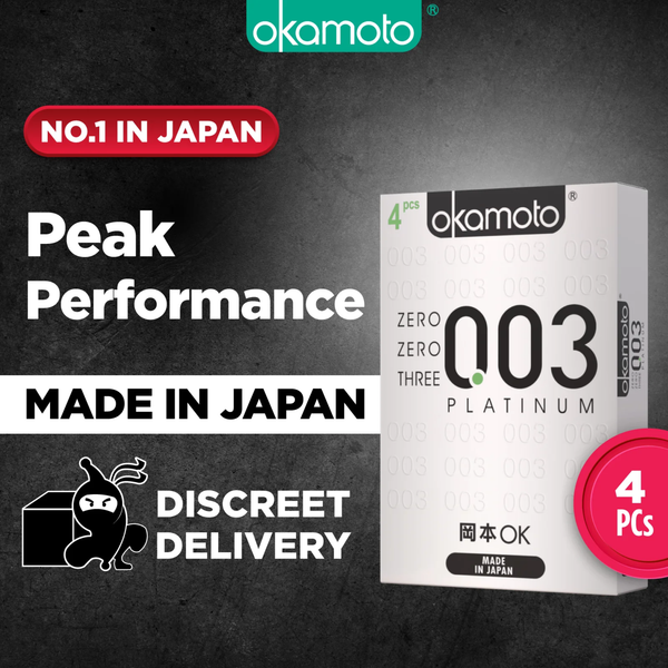 Promotional image for Okamoto 003 Platinum 4-pack. The silver box is displayed next to text that reads "Peak Performance" and "Made in Japan." A red badge highlights it as the "No. 1 in Japan," and a ninja icon illustrates the "Discreet Delivery" service. A red circle in the corner confirms the 4-piece count.