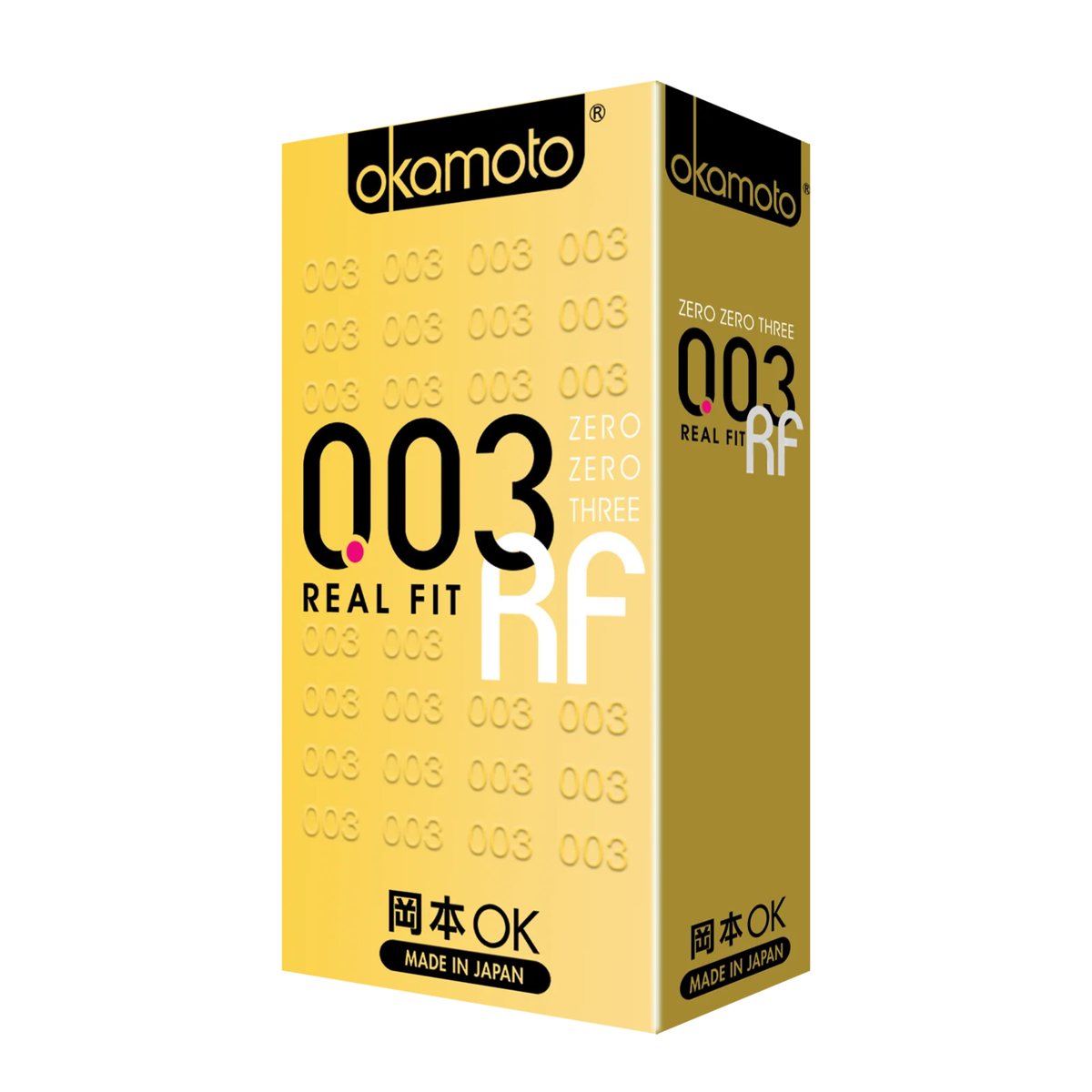 A front image of the Okamoto 003 Real Fit condom box of 10 pieces in a white background.  Main image