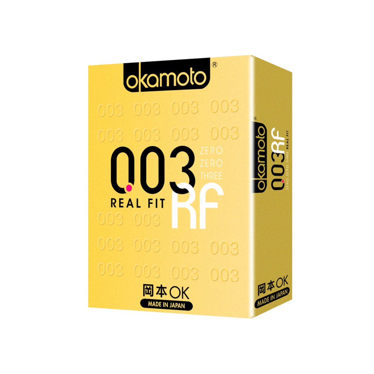 A front image of the Okamoto 003 Real Fit condom box of 4 pieces in a white background.  Main image