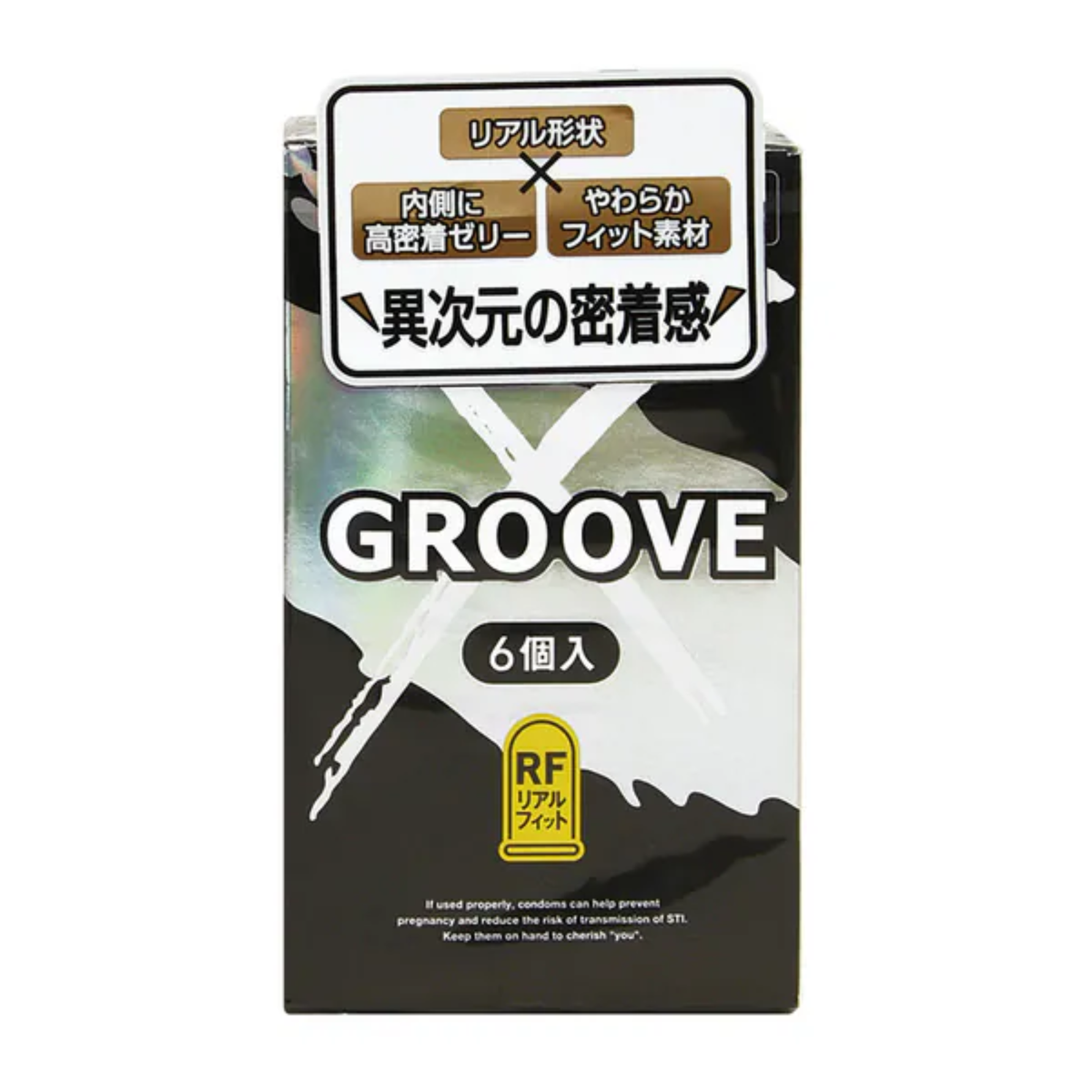 Front packaging shot of the Okamoto Groove X 6-pack box featuring a black, white, and silver metallic design with "GROOVE X", "6個入" (6 count), and "RF Real Fit" badge graphics. Main image