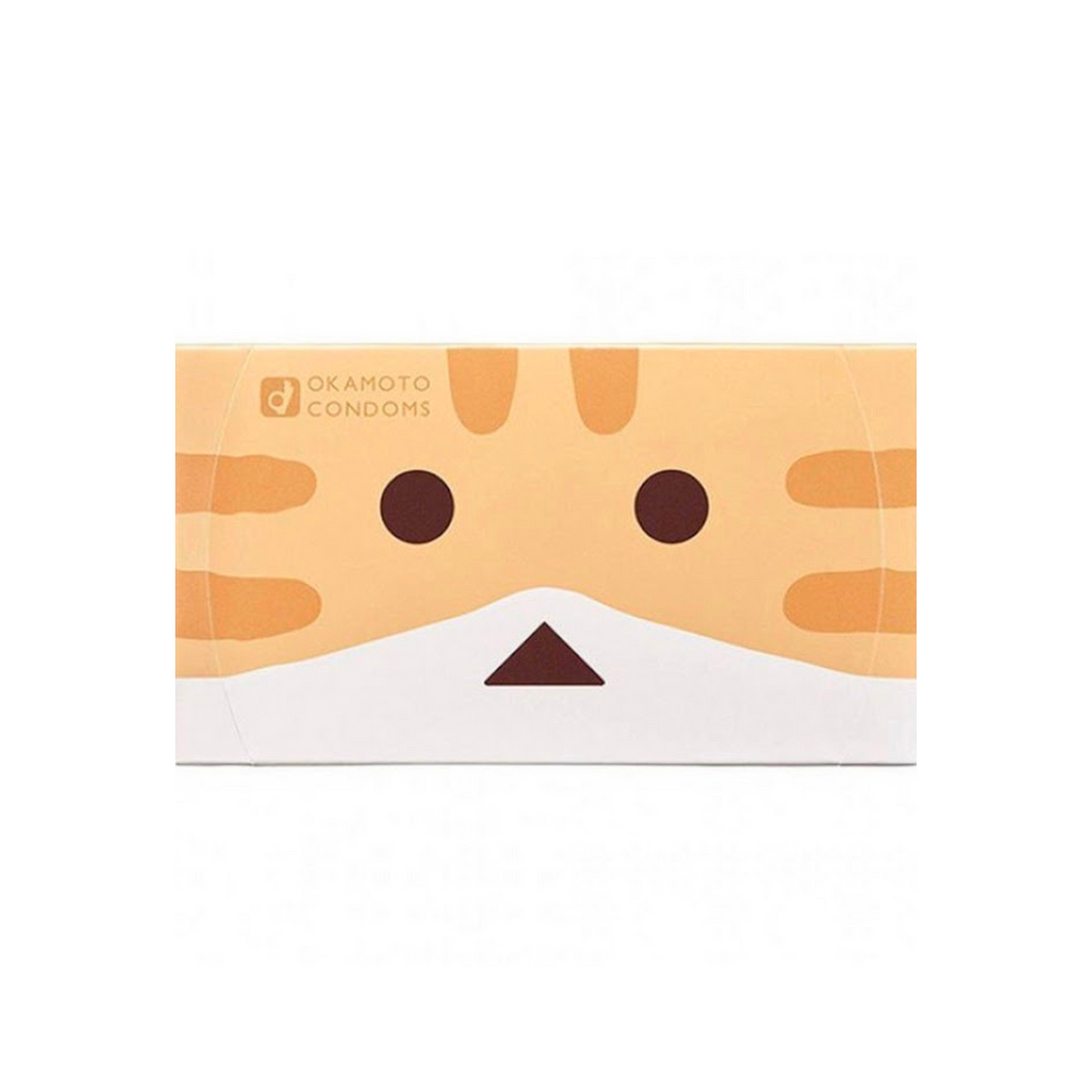 A light orange rectangular box of Okamoto condoms features a stylized cartoon cat face. It has darker orange stripes on the top, rounded black eyes, a brown triangular nose, and a white lower face and whiskers. The brand name "OKAMOTO CONDOMS" is printed in small orange letters on the upper left. The overall design is playful and eye-catching. Main image
