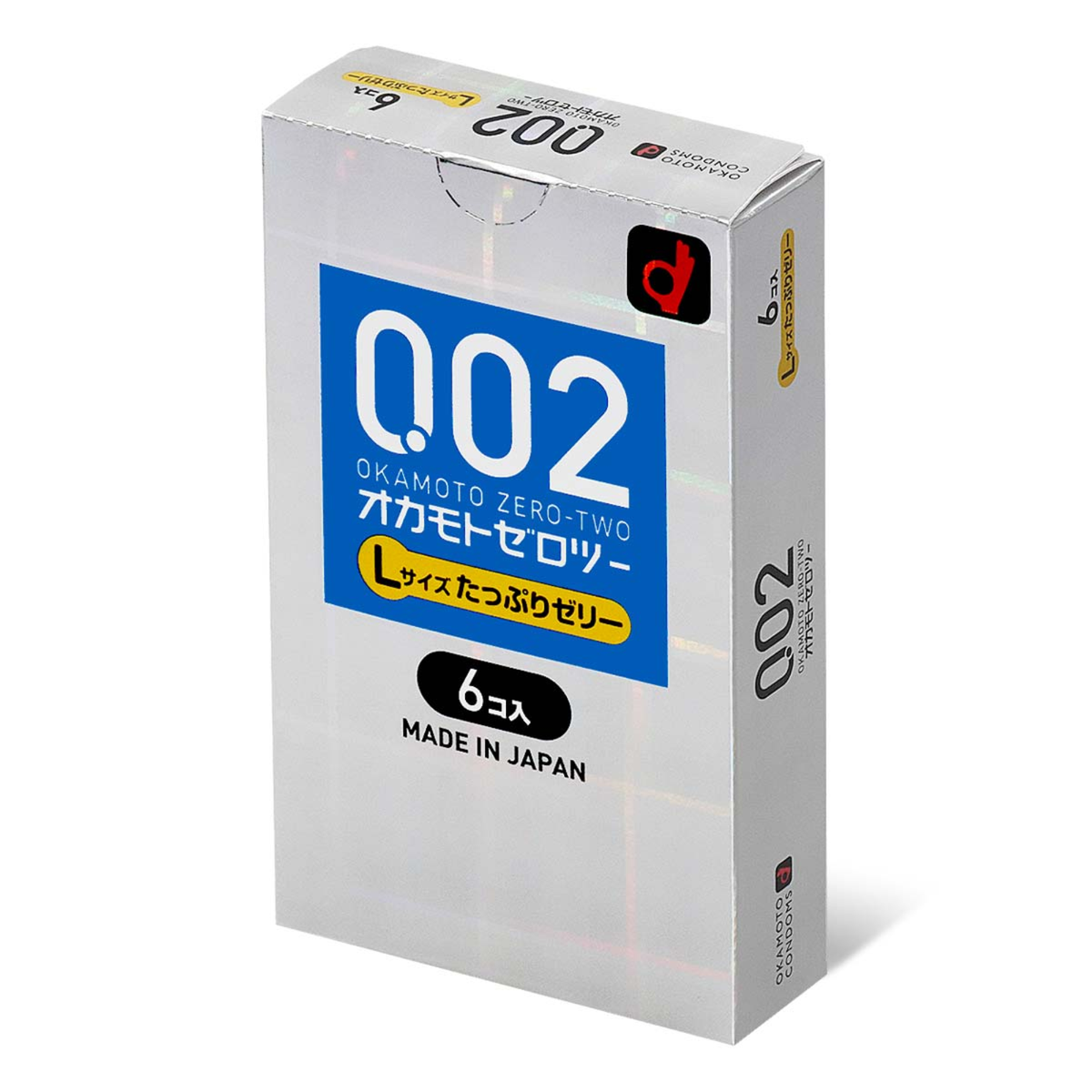 A white rectangular box of Okamoto Zero Two (002) condoms shown from a side angle. The box has a shimmering, holographic finish. A large blue square on the front features "002" in white, with "OKAMOTO ZERO-TWO" and Japanese text below it. A yellow oval highlights "L-Size" and "Extra Lubricated." The bottom of the box indicates a "6 Pack" and "MADE IN JAPAN. Main image