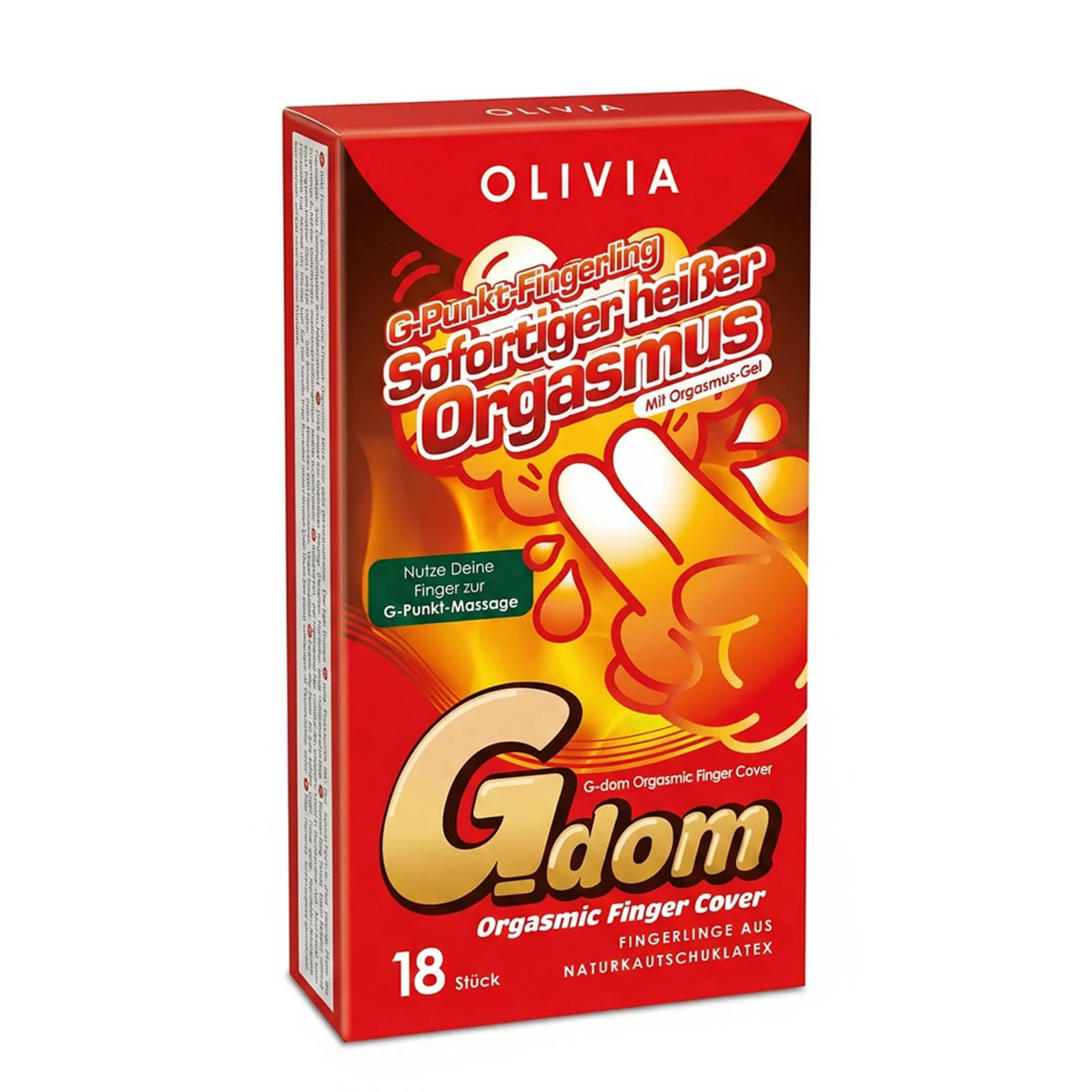 Studio product shot of the red Olivia G-dom Orgasmic Finger Cover 18-pack box standing upright at a three-quarter angle against a white background. Main image
