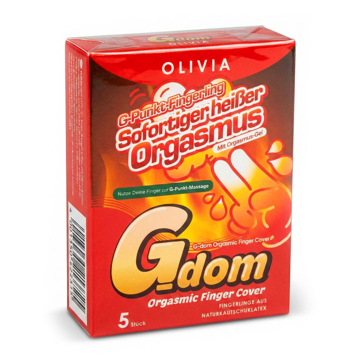 Studio product shot of the red Olivia G-dom Orgasmic Finger Cover 5-pack box standing upright at a three-quarter angle against a white background. Main image